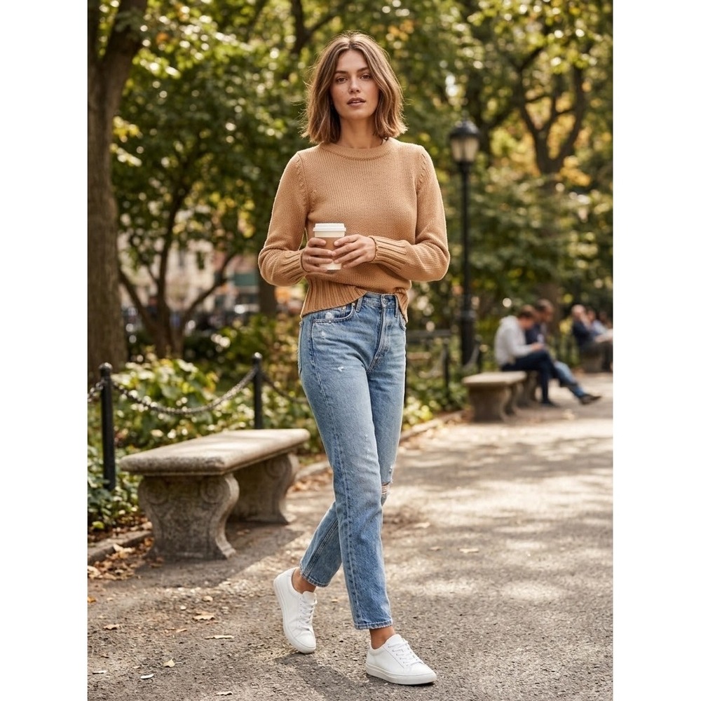 J.Crew Womens Camel Tan Shaker Stitch 100% Cotton Crewneck Sweater RN77388